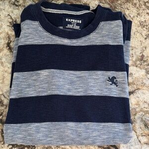 Express Navy and Gray Striped Waffle Knit Top